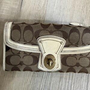 Coach Brown Signature Canvas Wallet with Ivory Trim and Turnlock